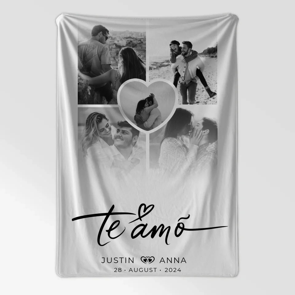 Personalisierte Decke Paare Fotocollage 5 Fotos Te Amo mit Namen & Datum 7