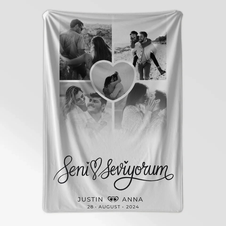 Personalisierte Decke für Paare mit Fotocollage 5 Fotos Seni Seviyorum 7