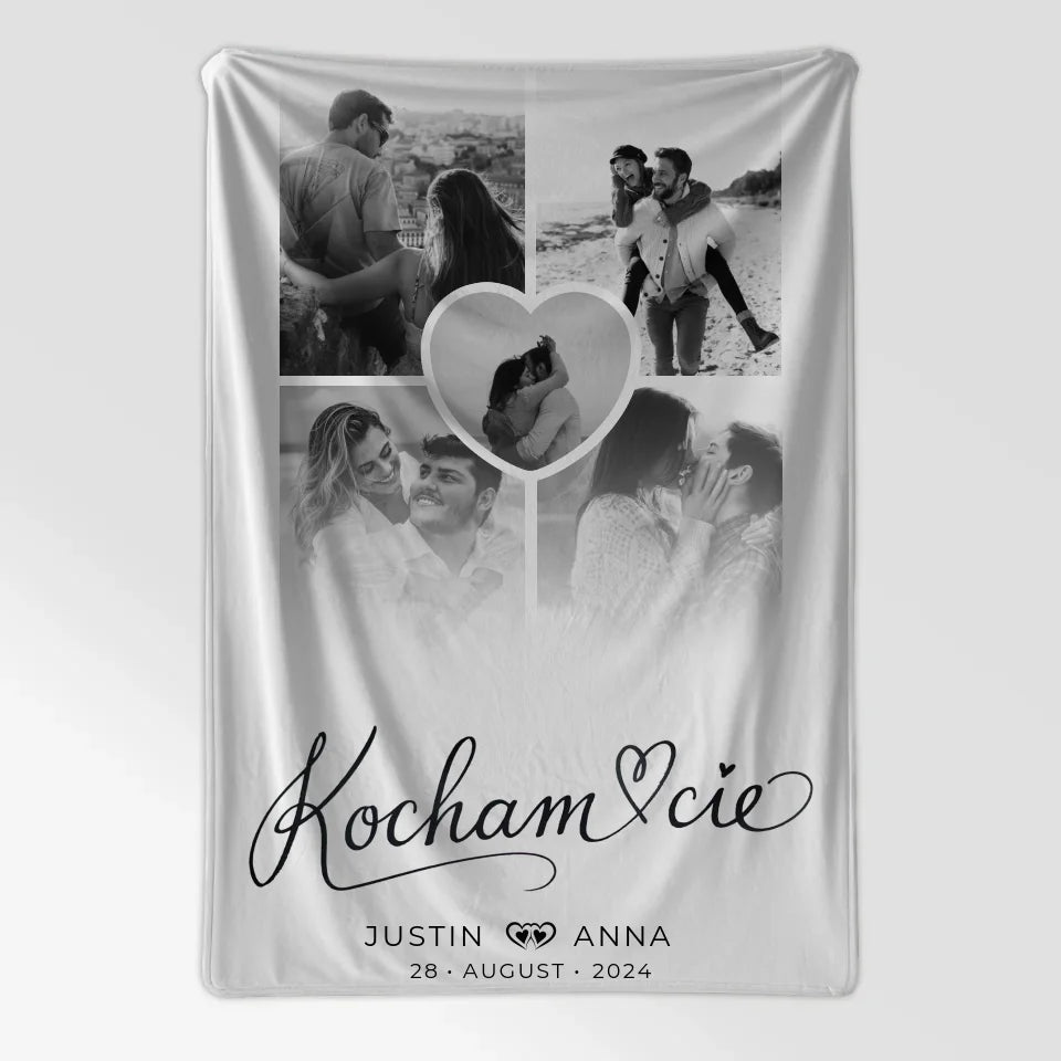 Personalisierte Decke Paare Fotocollage 5 Fotos Kocham Cie mit Namen 7