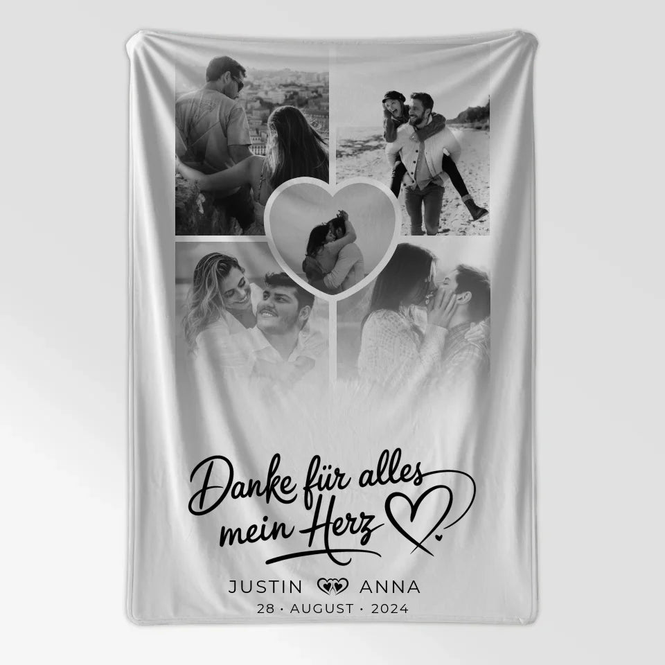 Personalisierte Decke für Paare mit Fotocollage 5 Fotos Danke Für Alles Mein Herz 7