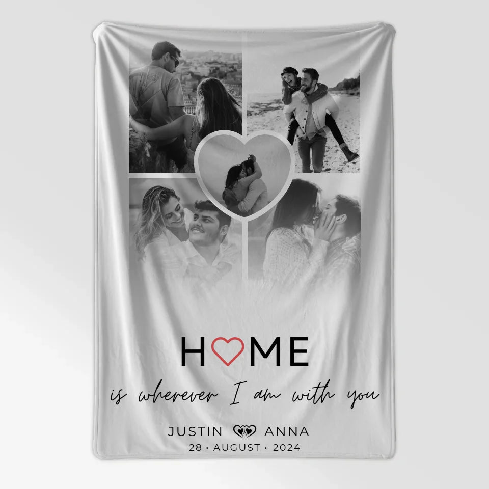Personalisierte Decke für Paare Fotocollage 5 Fotos Home Is Wherever I Am With You 7