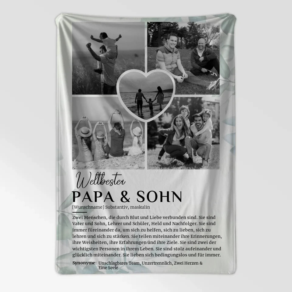 Personalisierte Decke Papa Sohn 5 Fotos Schwarz Weiß Eukalyptus Stil 7