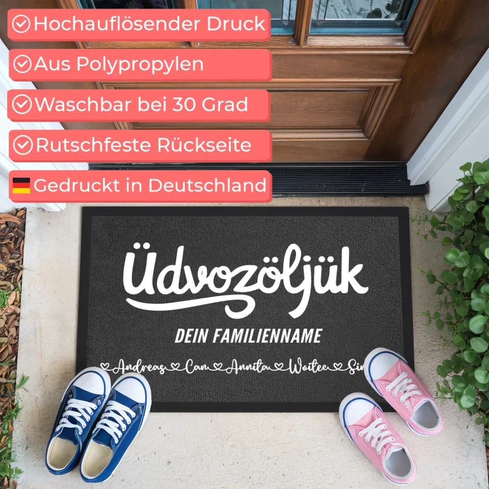Personalisierte Fußmatte Familie mit Namen Willkommen Üdvözöljük Türmatte 3
