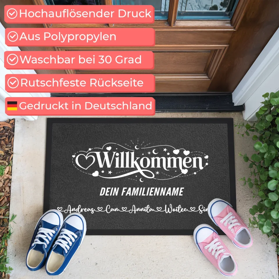 Individuelle Fußmatte für Familien mit Namen Willkommen personalisiert Design 3