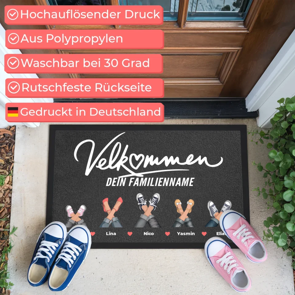 Personalisierte Fußmatte Schuhe und Pfoten Willkommen Velkommen 3