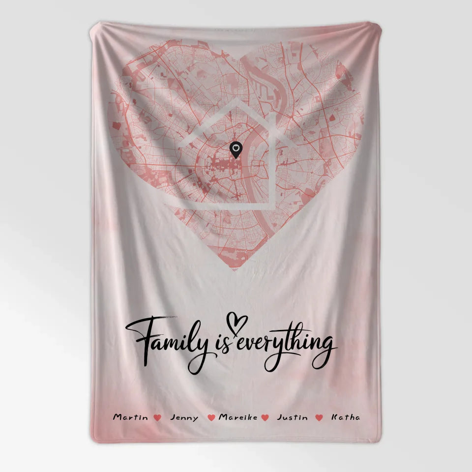 Personalisierte FamilienDecke Stadtkarte Herz Form mit Nachname Family Is Everything 7