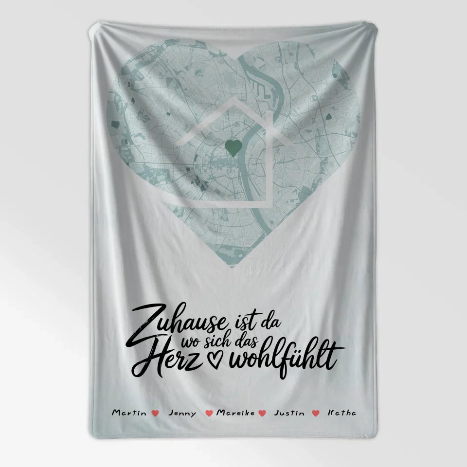 Personalisierte Decke Stadtkarte Spruch Familie Herz Form 7