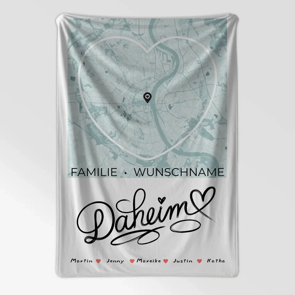 Personalisierte Familien Decke mit Stadtkarte Daheim Herzform 7
