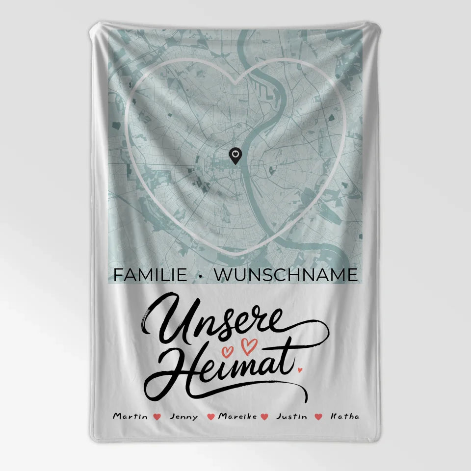Personalisierte FamilienDecke Stadtkarte Unsere Heimat Herzform 7