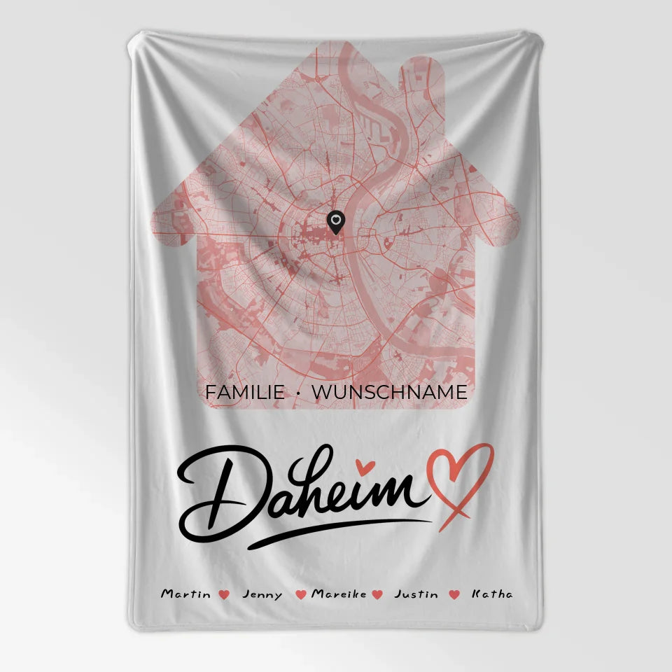 Personalisierte Decke Familie Stadtkarte Daheim in Hausform mit Nachname 7