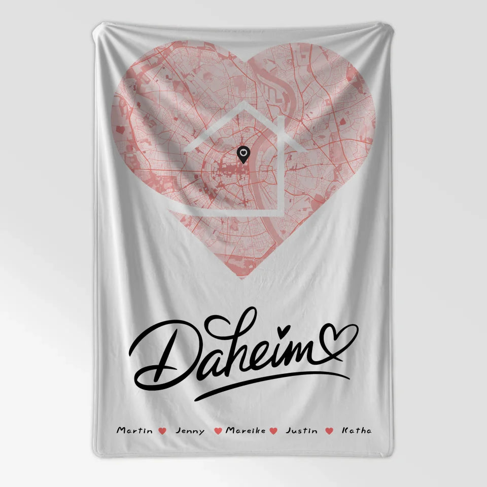 Personalisiertes Decke Spruch Familie Stadtkarte Daheim Herz Form mit Nachname 7