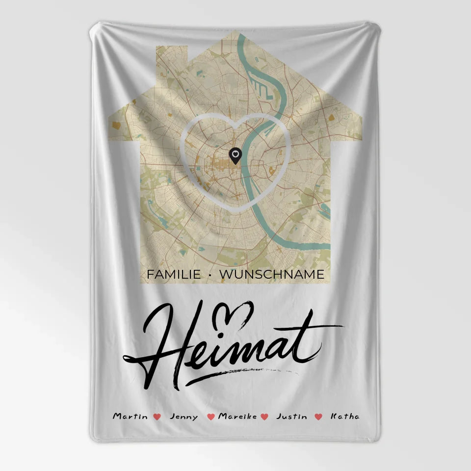 Personalisierte Stadtkarte Familien Decke mit Nachname Herz Haus Heimat 7