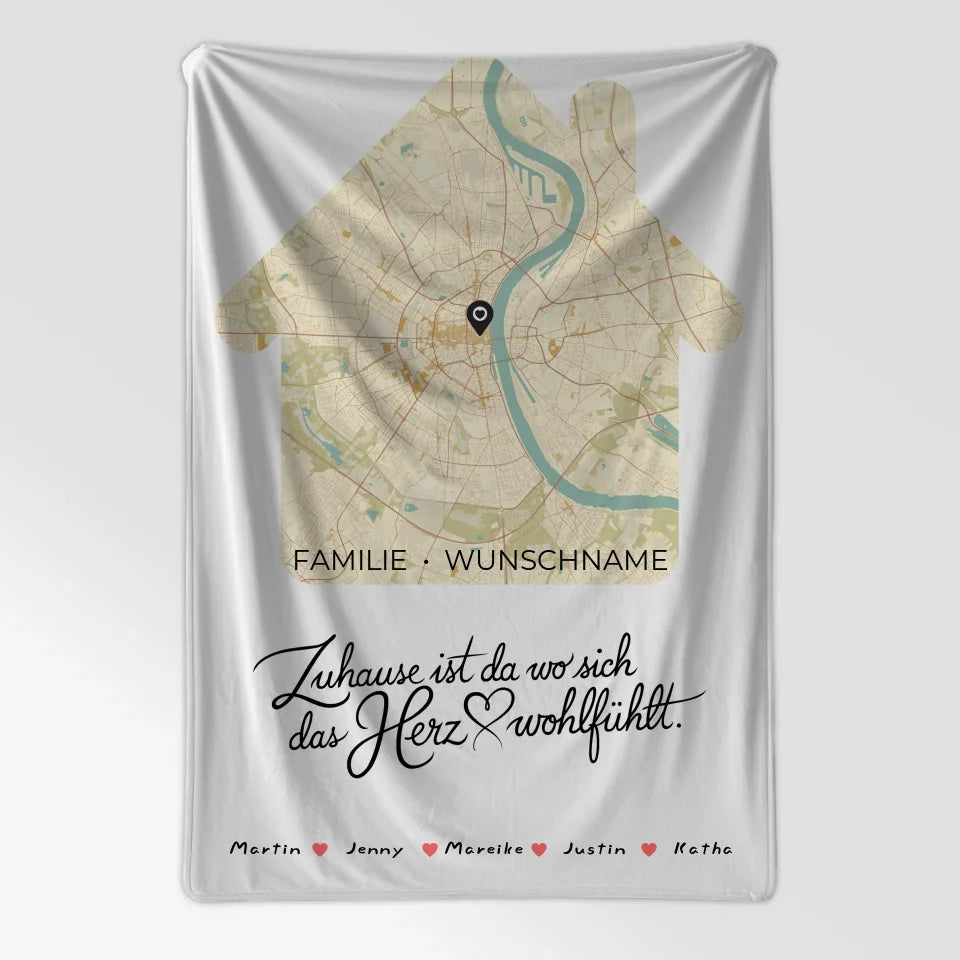 Personalisiertes Familiendecke mit Stadtkarte Das Herz Wohlfühlt Hausform 7