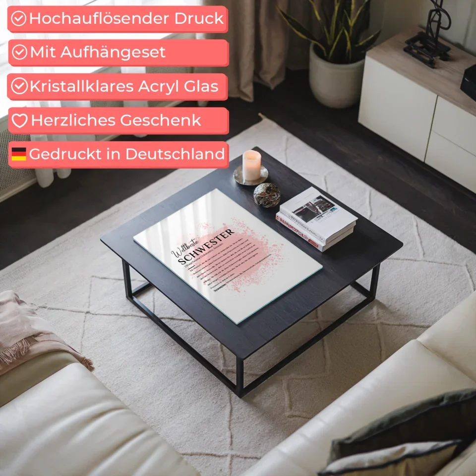 Personalisiertes Acrylglas Bild Definition Schwester mit Name rosa