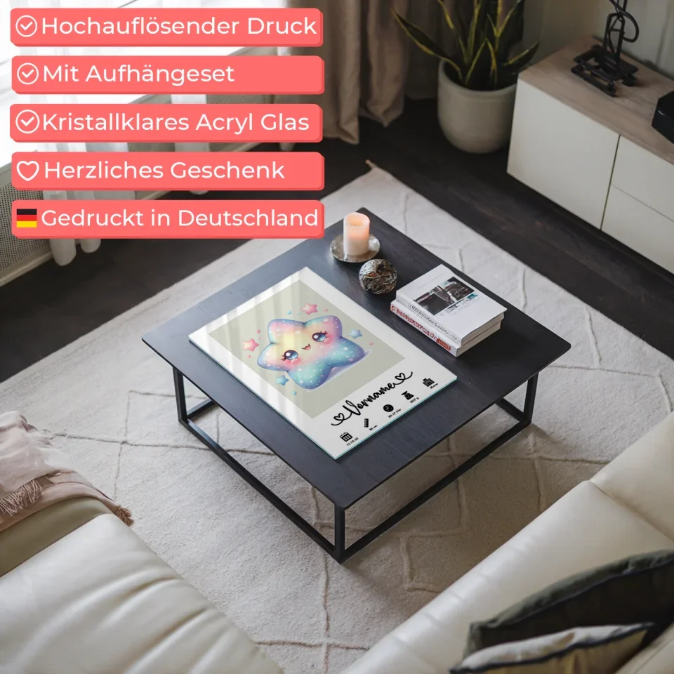 Personalisiertes Acrylglas Bilder mit Geburtsdaten Sternchen Grauweiß