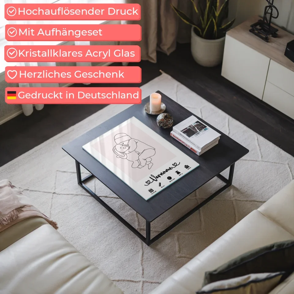 Acrylglas Bild Geburt personalisiert mit Name Geburtsdaten Weißrosa