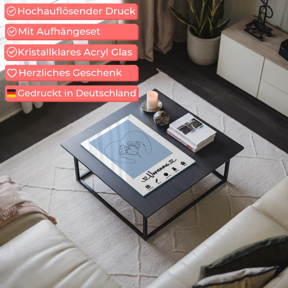 Personalisiertes Acrylglas Bild Geburt mit Babyfüßen Lichtblau