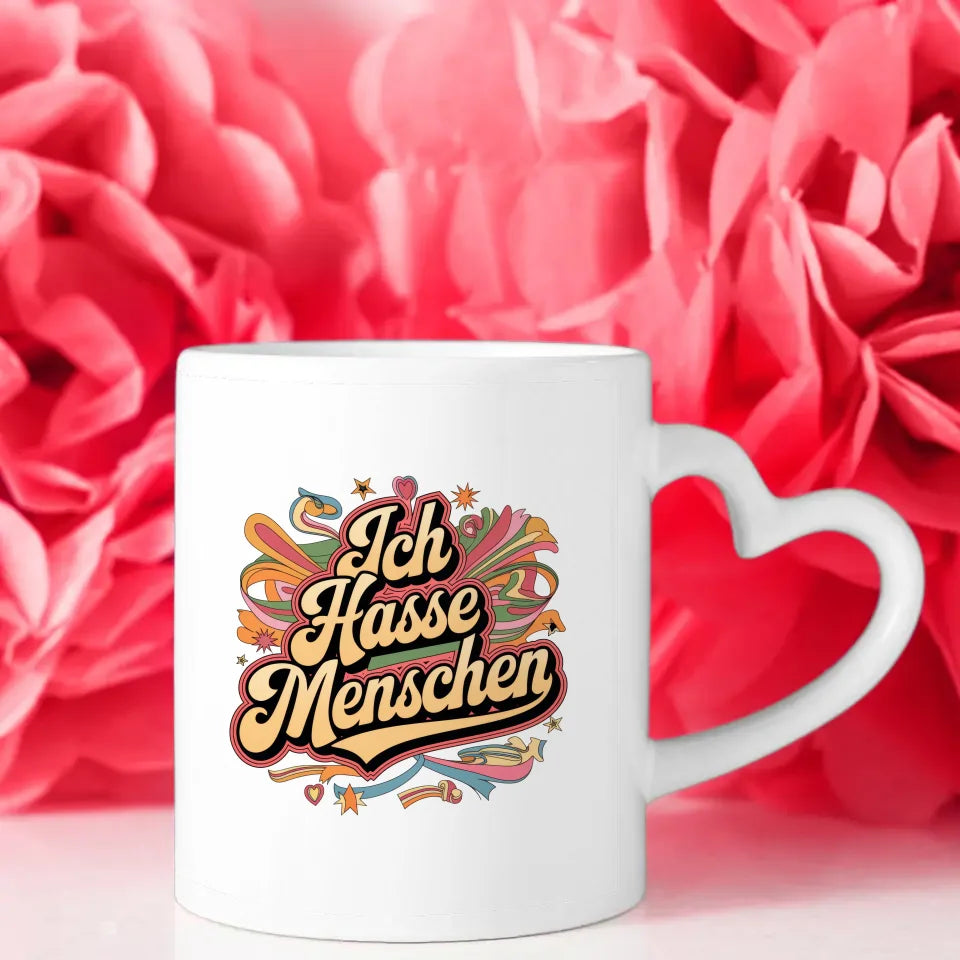 Lustige Tasse mit Spruch Ich hasse Menschen im Retro Stil farbenfroh