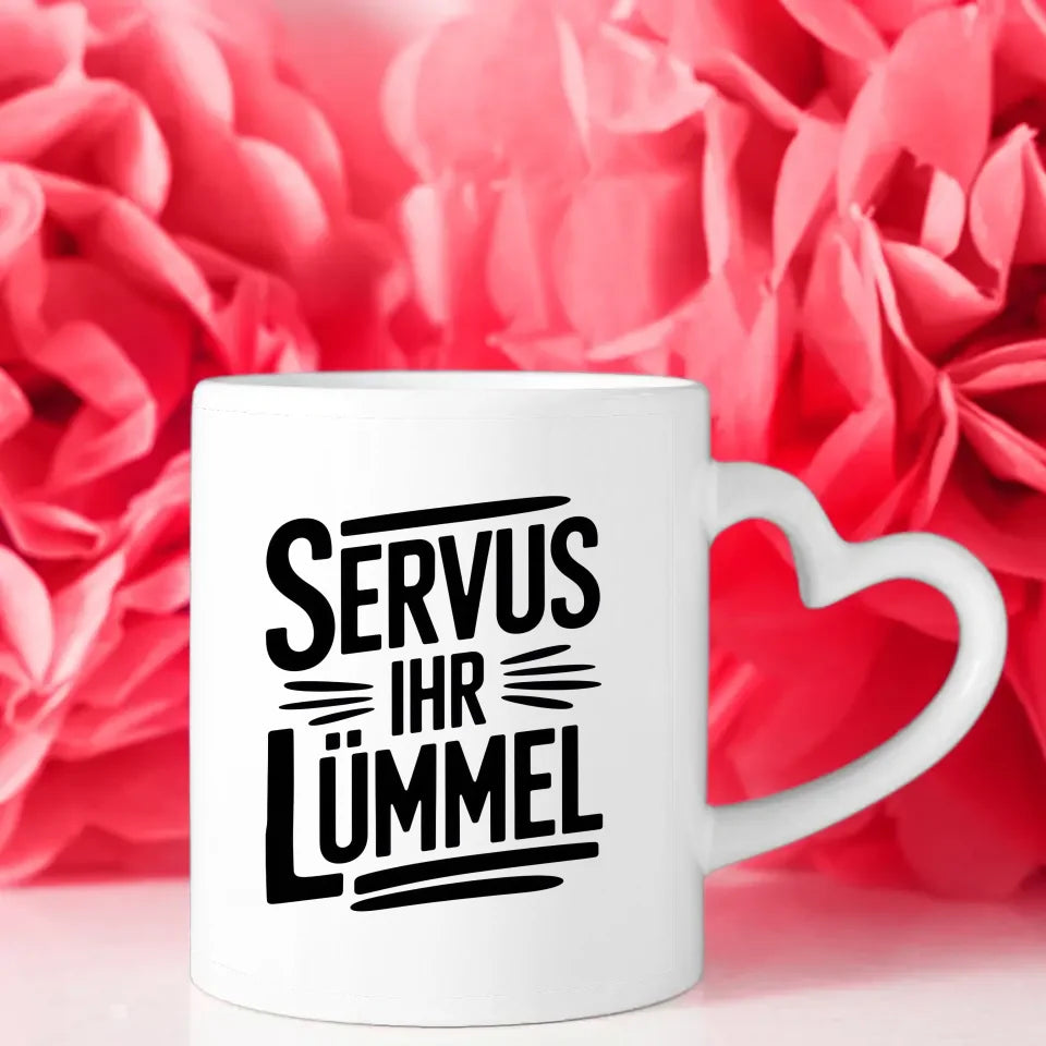 Lustige Tasse Servus ihr Lümmel mit handgefertigter Schriftart