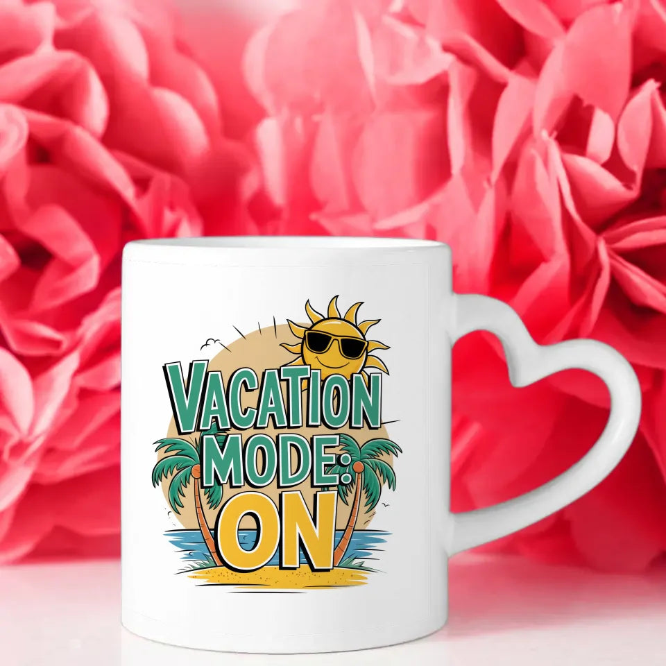 Lustige Tasse Urlaubsmodus Ein mit Cartoon Sonne und Palmen Design