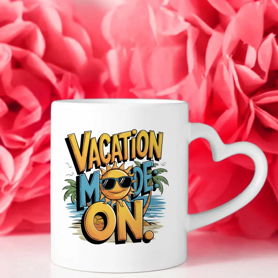 Lustige Tasse mit Urlaubsmodus Cartoon Sonne und Palmen Design