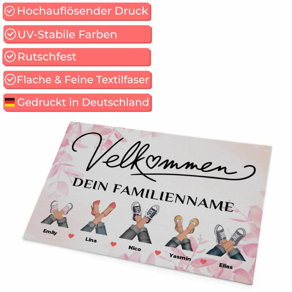 Personalisierte Fußmatte mit Namen Rosa Floral Velkommen 4