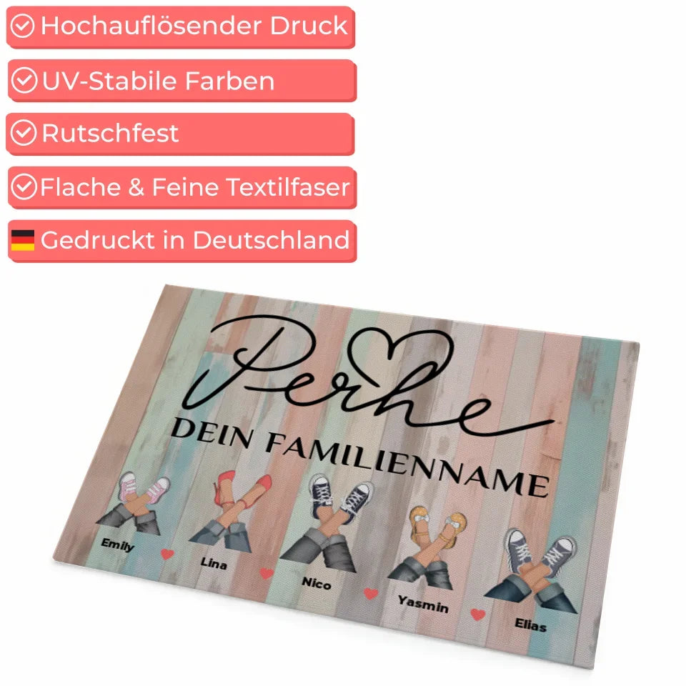 Personalisierte Fußmatte mit Namen Familie Auf Finnisch Perhe Holz Bunt Pastell 4