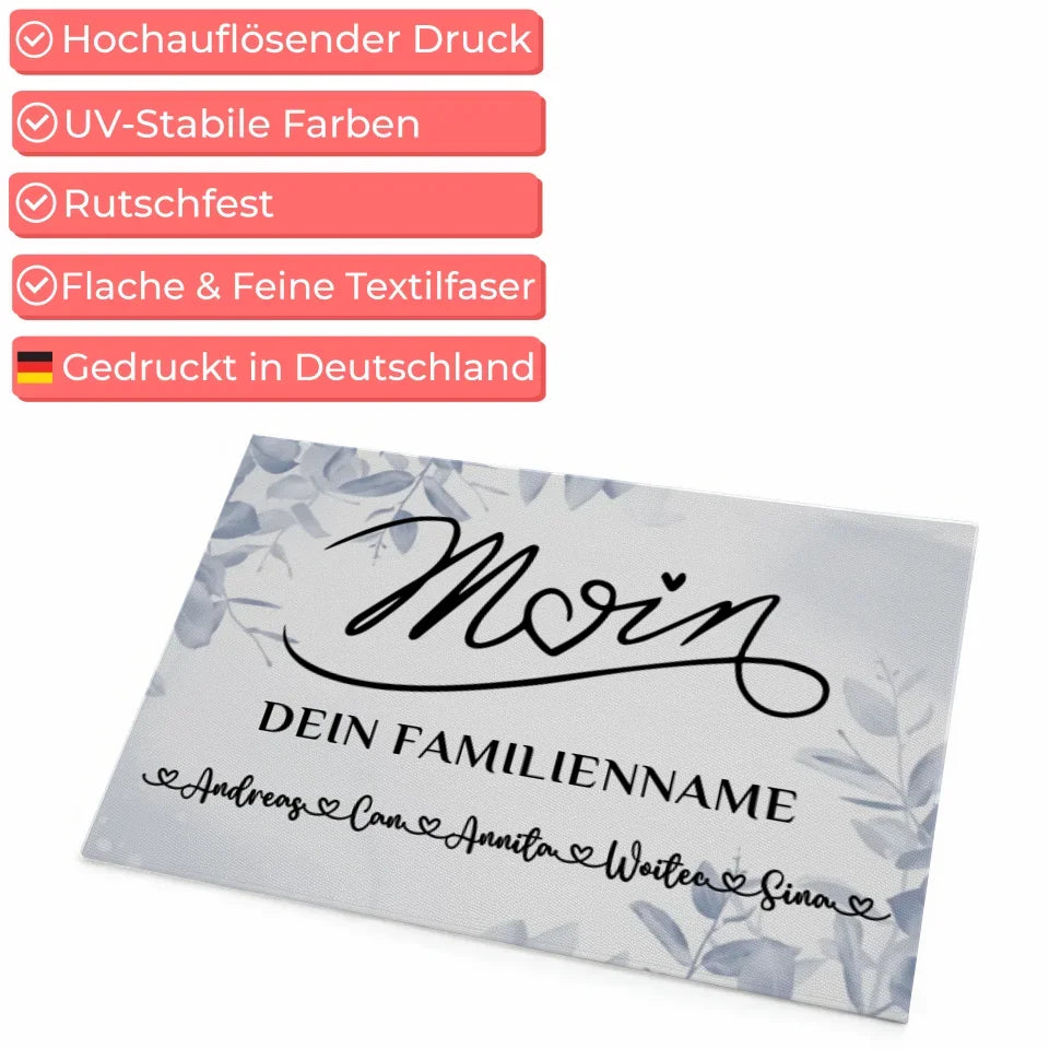 Personalisierte Familie Fußmatte Willkommen Moin Eucalyptus Blau 4