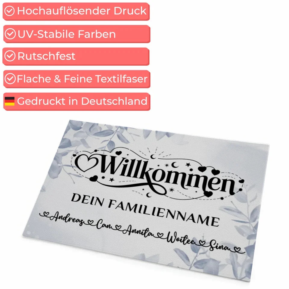 Personalisierte Familien Fußmatte Willkommen Eucalyptus Blau 4