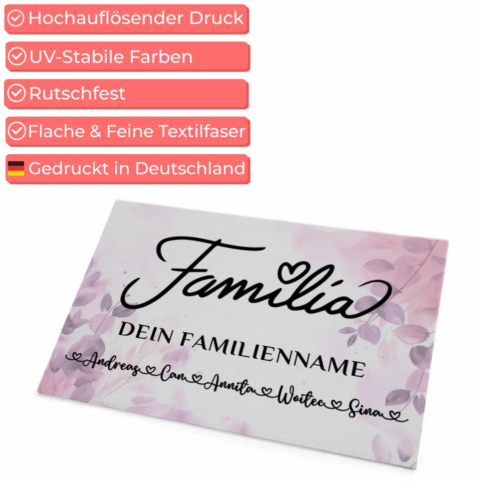 Personalisiertes Rosa Floral Fußmatte mit Namen für Familie Auf Portugiesisch 4
