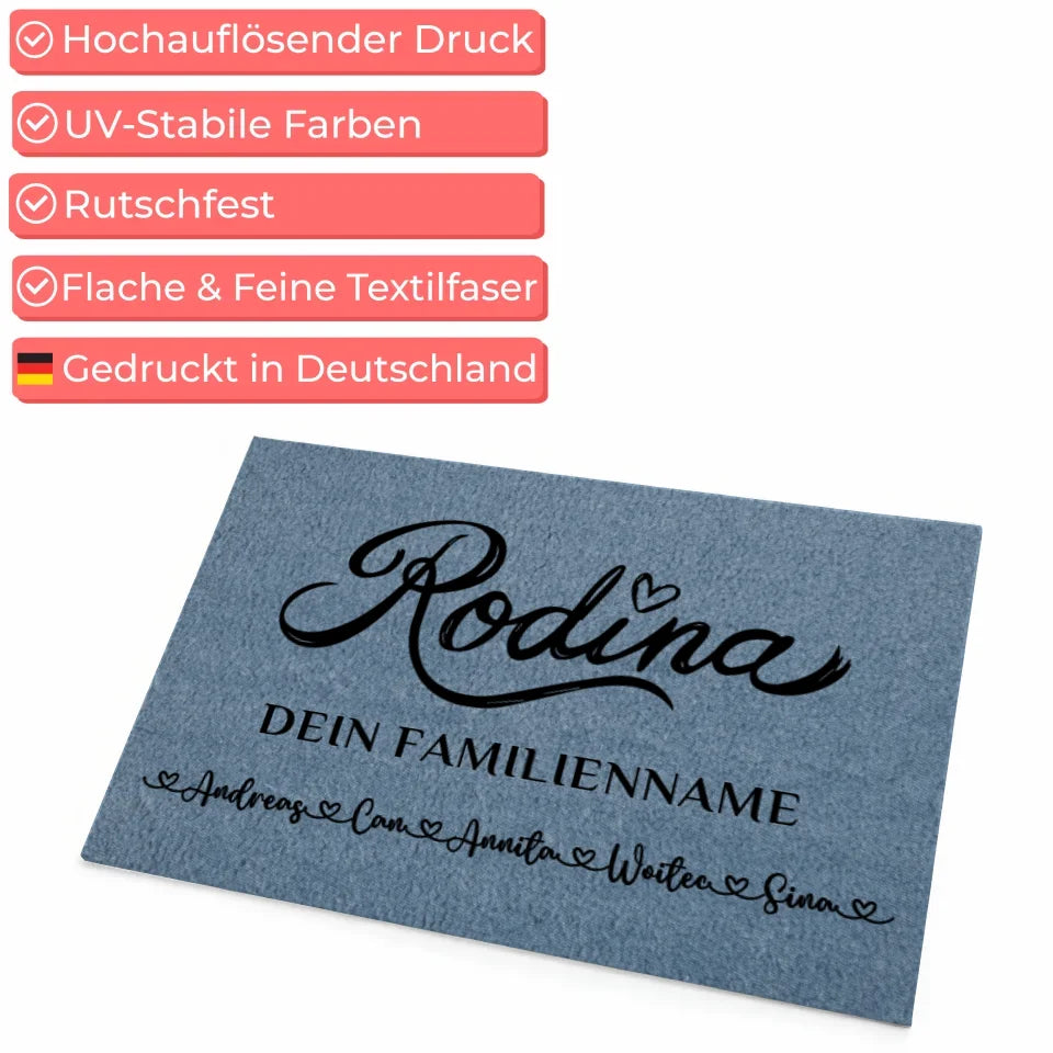 Personalisierte Familien Fußmatte mit Namen Blau Rodina 4