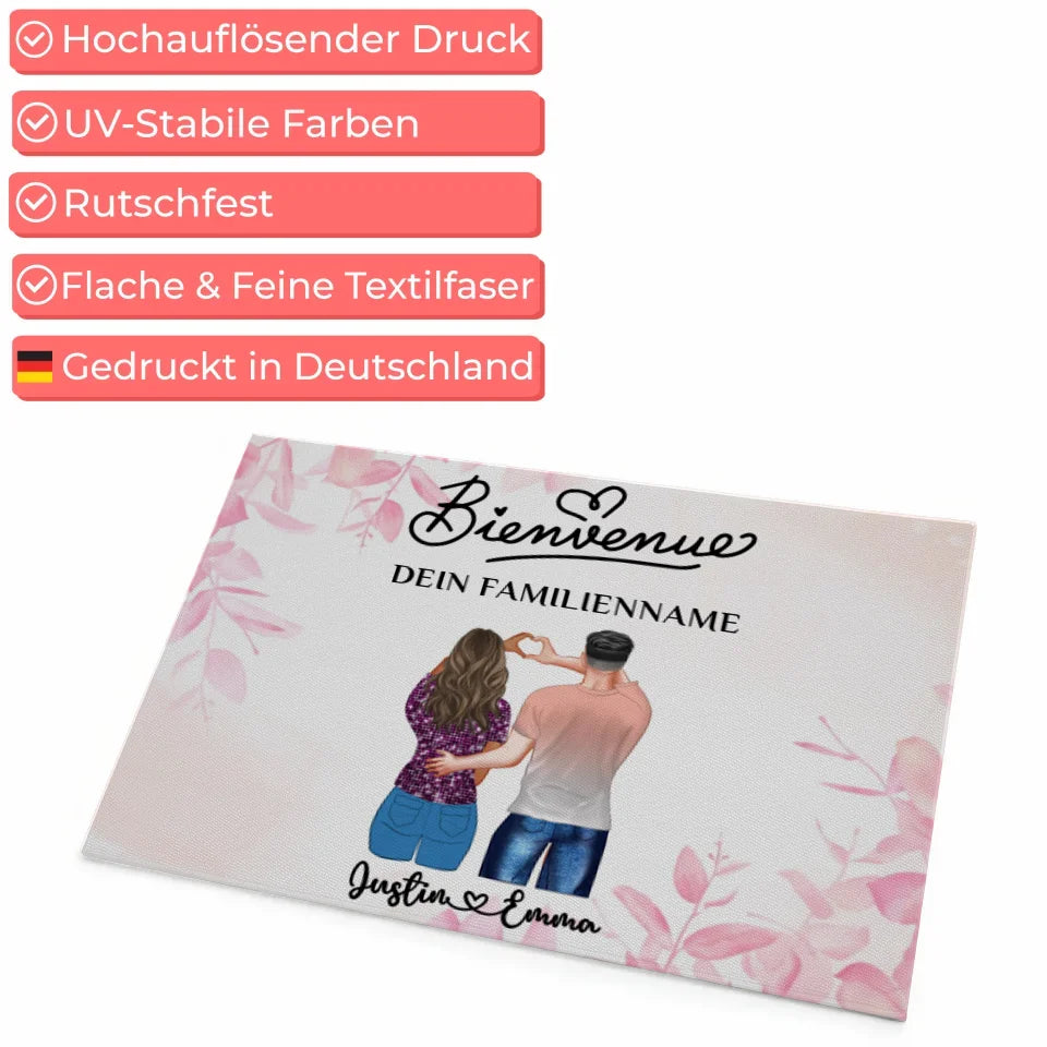 Fußmatte personalisiert Paare Rosa Floral Tervetuloa mit Namen 4