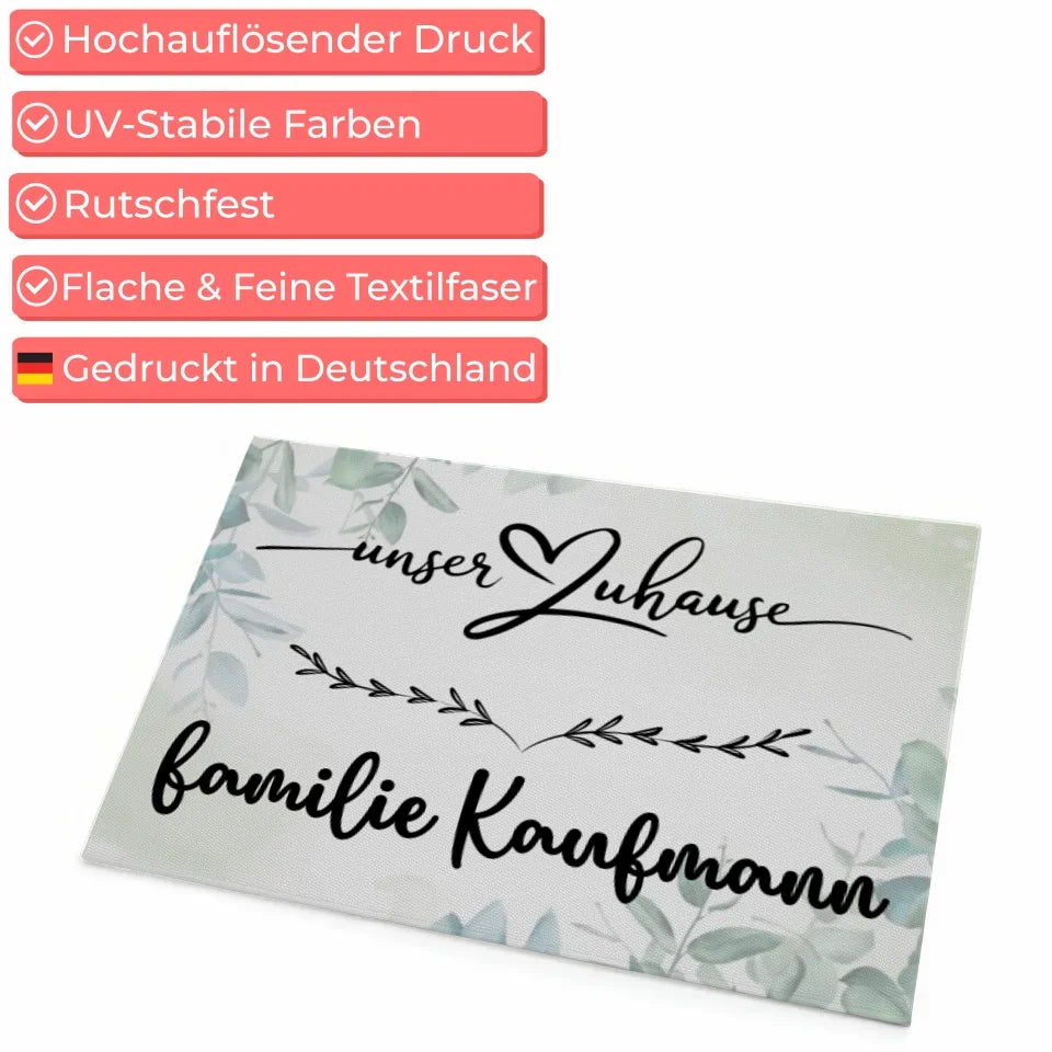 Personalisierte Fußmatte mit Namen Familie Unser Zuhause Eukalyptus Stil 4