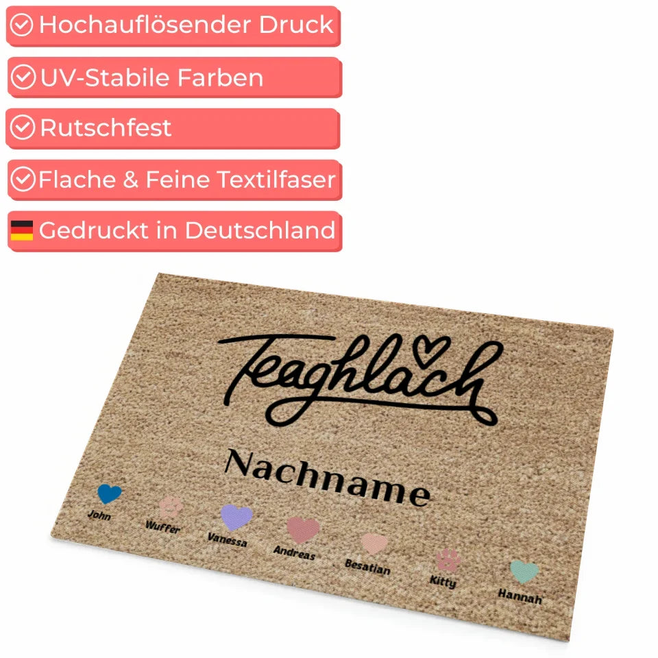 Personalisierte Fußmatte Familie Auf Irisch Teaghlach mit Herzen Haustiere 4