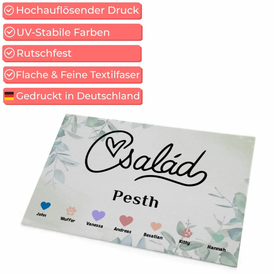 Personalisierte Familie Fußmatte mit Namen Család Herzen Haustiere 4