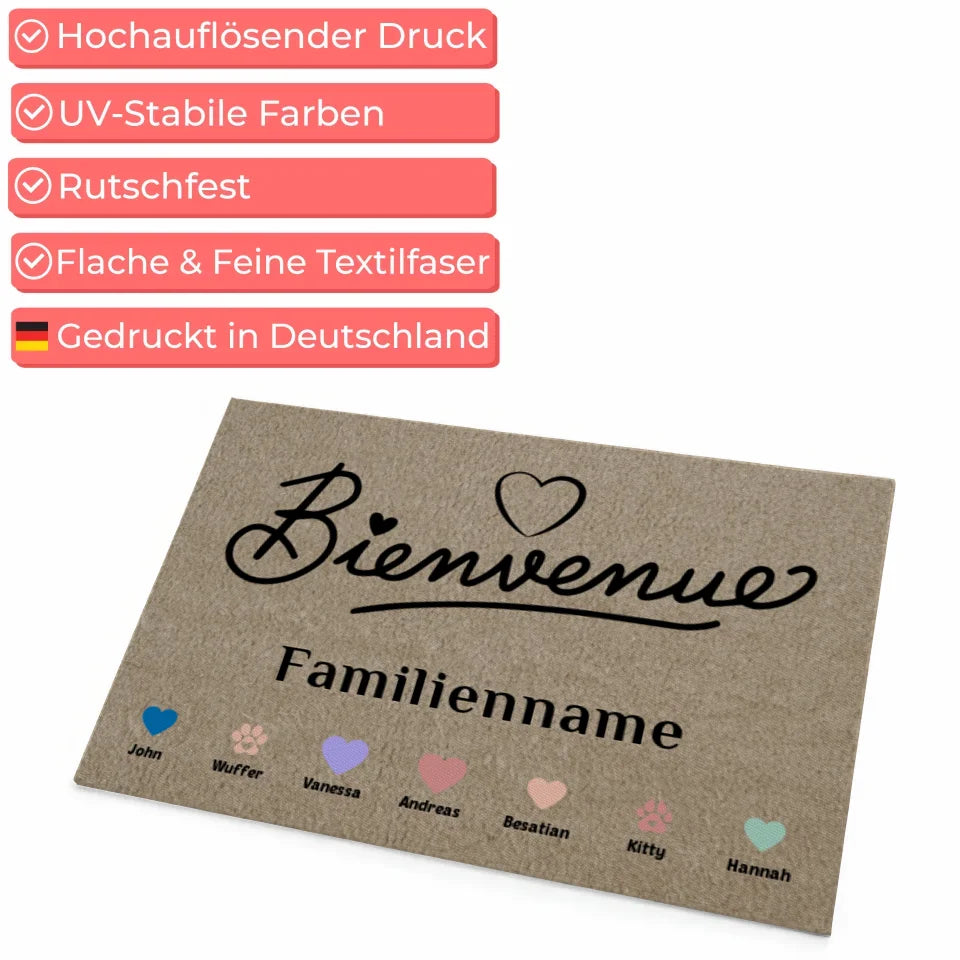 Personalisierte Familie Fußmatte Willkommen Auf Finnisch Tervetuloa mit Herzen Haustiere 4