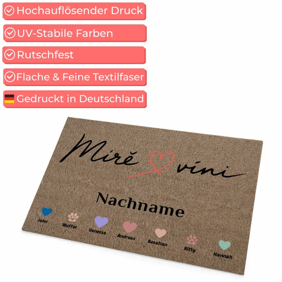 Personalisierte Familie Fußmatte mit Namen und Herzen Haustiere 4