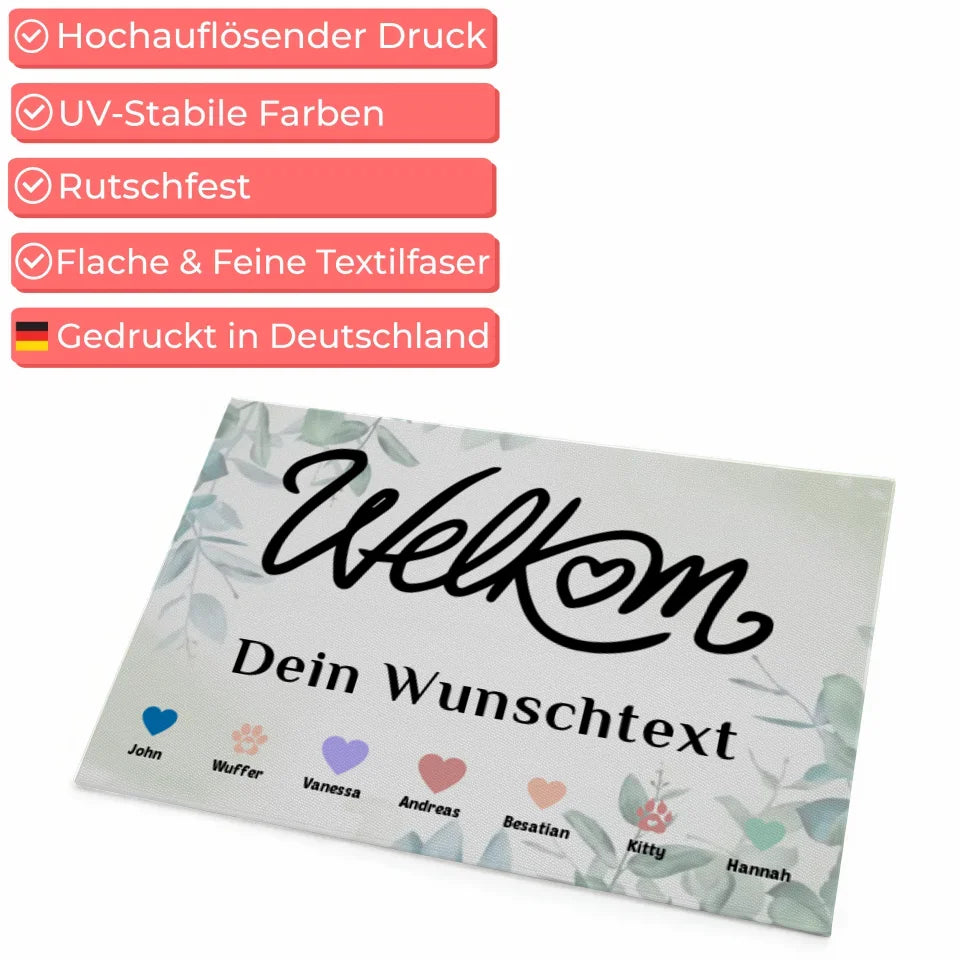 Personalisierte Familie Fußmatte mit Namen Herzen Haustiere Welkom 4