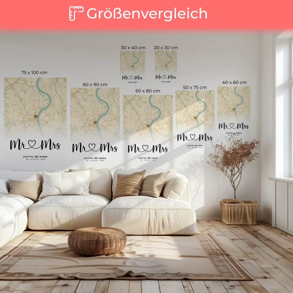 Personalisierte Leinwand Stadtkarten Mr & Mrs Paare Vintage Wo Alles Begann 6