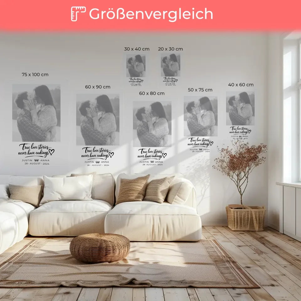 Personalisierte Leinwand Foto Paare mit Namen True Love Stories Schwarz Weiß 6
