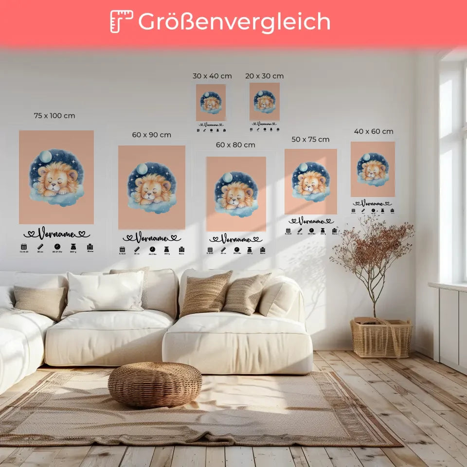 Geburtsleinwand Personalisiert Löwen Baby mit Name Beigerot 6