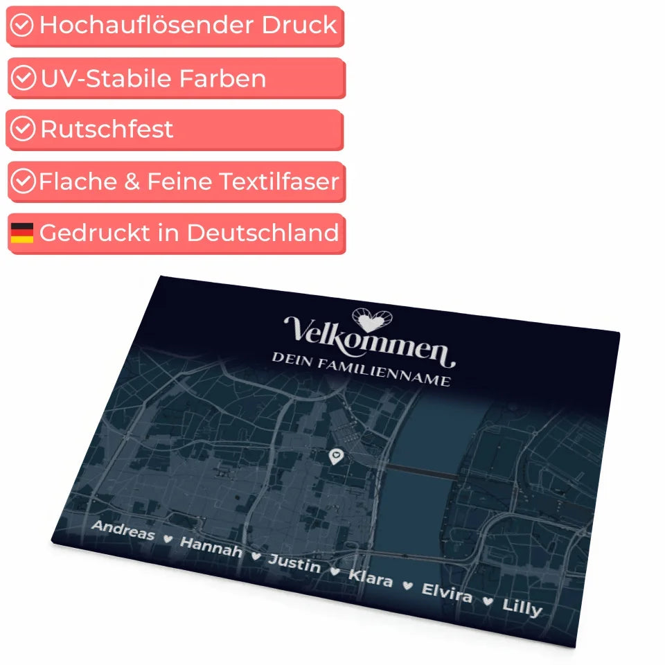 Personalisierte Fußmatte mit Namen Stadt Karte Willkommen Üdvözöljük Blau 4