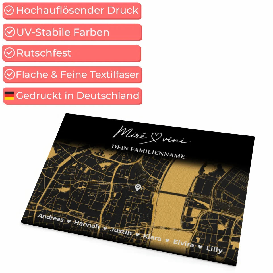 Personalisierte Fußmatte Stadtkarte Schwarz Gold Willkommen Mirë Se Vini 4