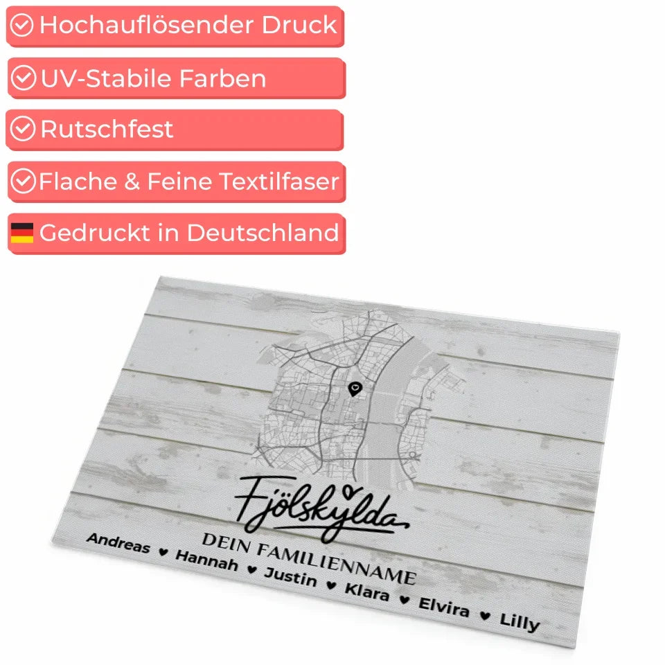 Personalisierte Fußmatte Stadt Karte Familie Auf Isländisch Fjölskylda Vintage Weiß Sehr 4