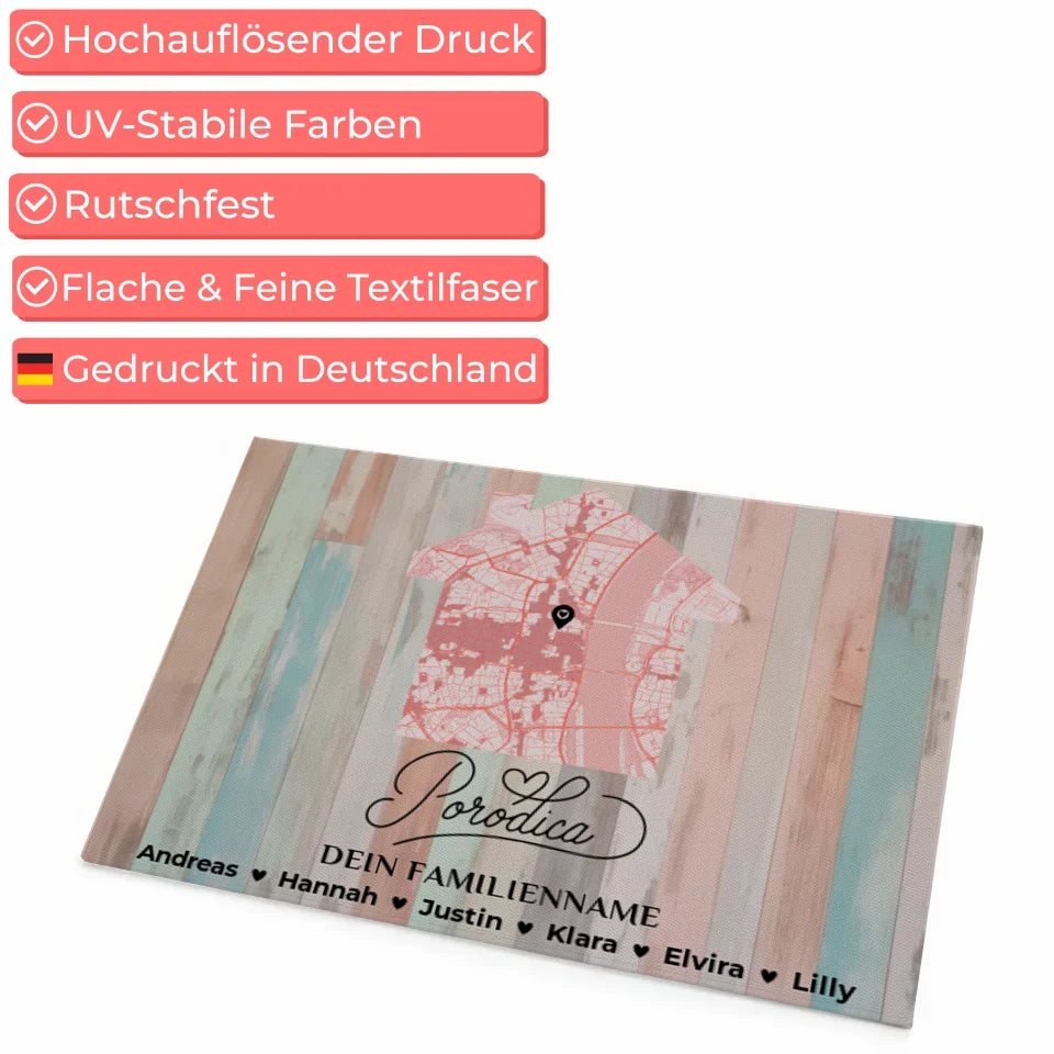 Personalisierte Familien Fußmatte mit Namen Stadtkarte Holz Bunt Pastell Familj 4