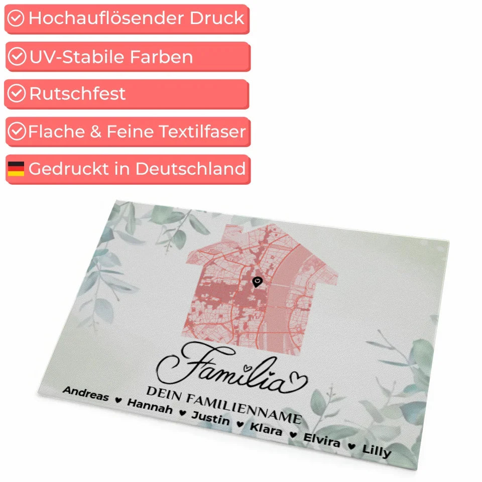 Personalisierte Fußmatte mit Namen Stadtkarte Familie Eukalyptus Stil 4