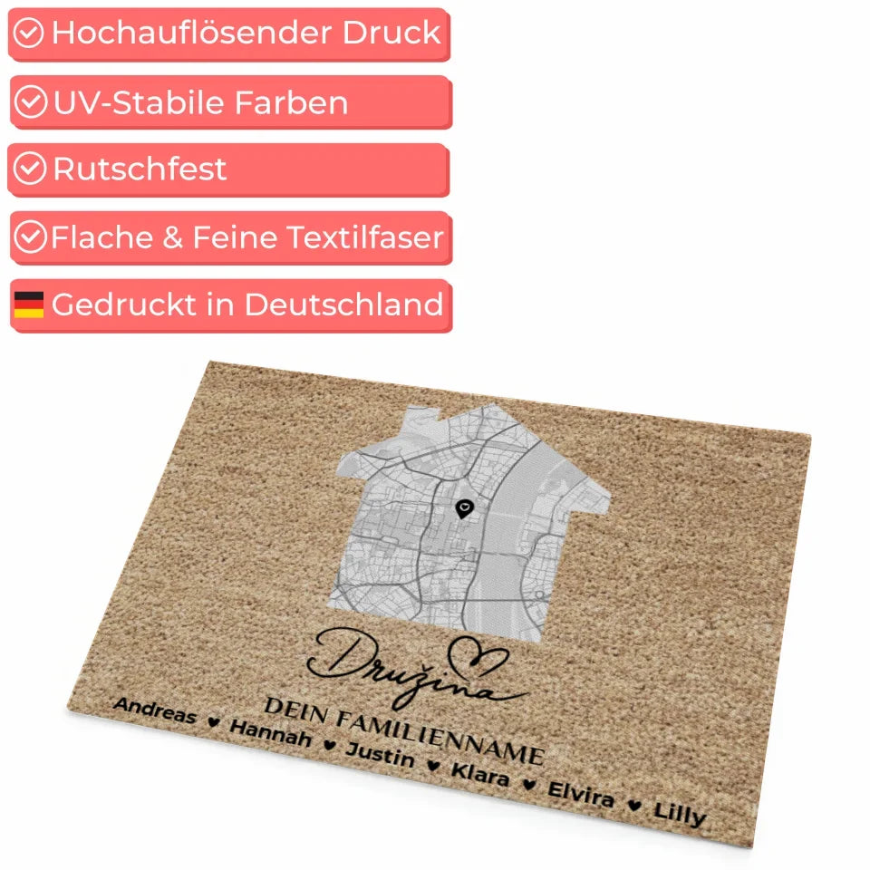 Personalisierte Fußmatte Stadt Karte Familie Družina Braun 4