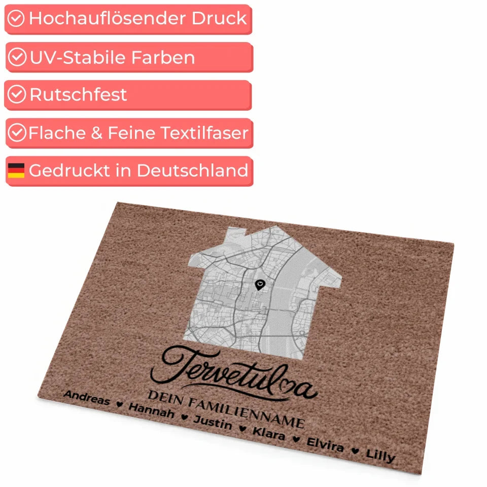 Familien Fußmatte mit Namen Stadt Karte Tervetuloa Dunkelbraun 4