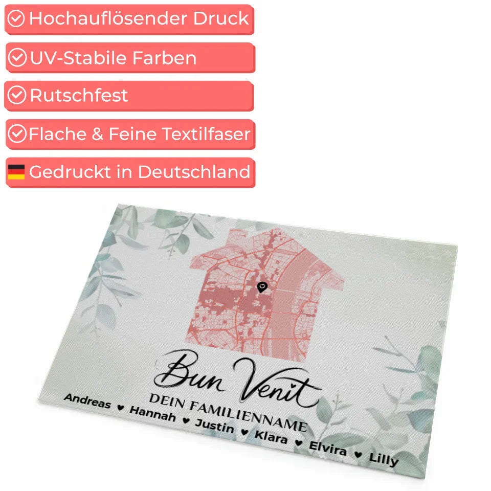 Personalisierte Fußmatte mit Namen Stadtkarte Willkommen Bun Venit Eukalyptus Stil 4