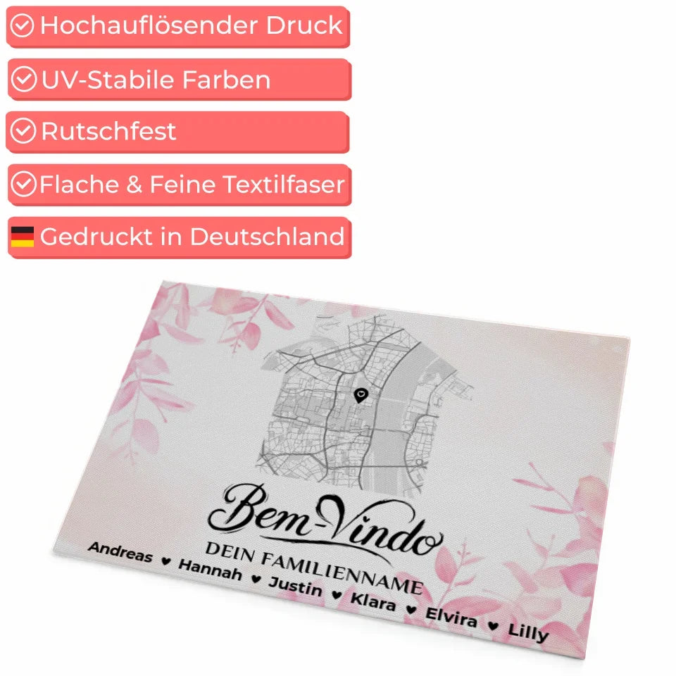 Familien Fußmatte mit Namen Stadt Karte Rosa Floral Bem Vindo 4
